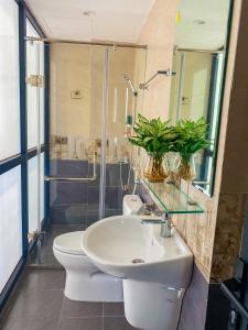 a bathroom with a sink and a toilet and a shower at WINDY LAKEVIEW STUDIO HA NOI in Hanoi