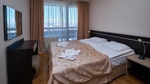 バンスコにあるBansko Holiday Apartmentsのベッドルーム1室(ドレッサー付きのベッド1台、窓付)