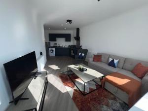 City View Apartment في ديربي: غرفة معيشة مع أريكة وتلفزيون