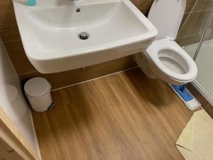 a bathroom with a white sink and a toilet at Apart Nordgrat - Buxacher Straße 23 + Motorradvermietung in Memmingen +18 photos