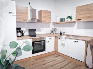 uma cozinha com electrodomésticos brancos e armários de madeira em großzügige Altstadtwohnung Lara für 6 Personen em Weißenfels