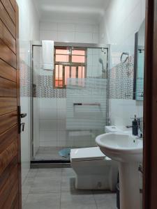 a bathroom with a shower and a toilet and a sink at Wepick Homes in Kigali +57 photos
