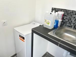 a small kitchen with a sink and a refrigerator at La Sérénade Numéro 4 in Montreuil +6 photos