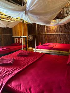 a bedroom with two beds with red sheets at Homestay Mekong Can Tho in Can Tho