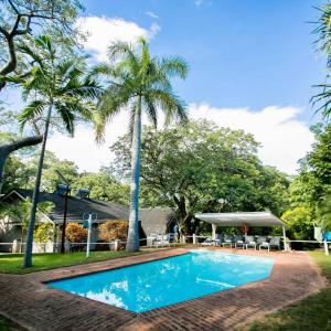 a swimming pool with two palm trees and a house at A wonderful 5 bedroomed 4 bathroom Villa with swimming pool gym garden of the highest quality - 2215 in Victoria Falls