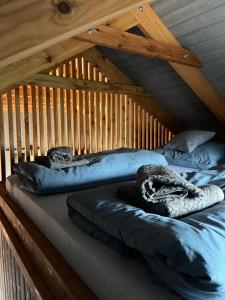 2 camas en el ático de una cabaña de madera en Pension U Stříbrného Jelena - Tiny House, en Cheb