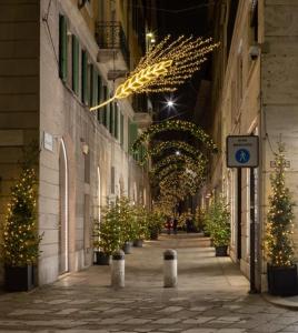 un callejón con árboles de Navidad y luces de Navidad en un edificio en Luxury Loft, en Milán