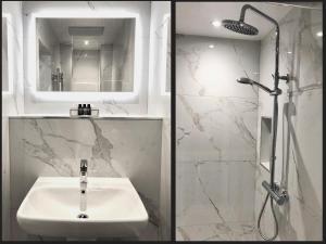 2 fotos de un baño con lavabo y ducha en The Helaina, en Scarborough