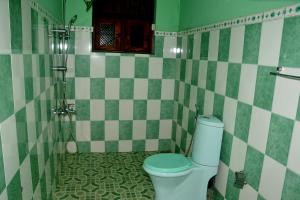 a bathroom with a toilet and green and white tiles at The Kings Villa. in Wattala