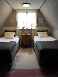 two beds in a small room with a window at B&B Hannåsa Gård in Hammenhög