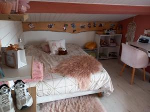 ein kleines Schlafzimmer mit einem Bett mit einem rosa Teppich in der Unterkunft Villa 3 chambres avec jacuzzi in Saint-Maximin-la-Sainte-Baume