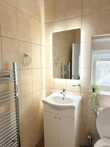 uma casa de banho com um lavatório, um espelho e um WC. em Contemporary Urban Retreat in Central Reading em Reading