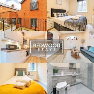 a collage of photos of a bedroom and a hotel room at Festival Place, Town Center Serviced Apartments, Perfect of Contractors & Families FREE Wifi & Netflix By REDWOOD STAYS in Basingstoke