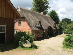 a large red brick house with a thatched roof at Hoheluft am Wittensee Apt 1 in Groß Wittensee