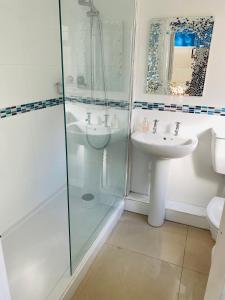 a bathroom with a shower and a sink at Dory Cottage - Chesil Beach View in Castletown +35 photos