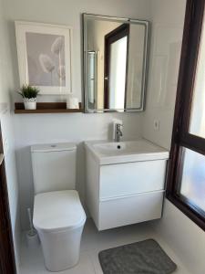ロス・クリスティアーノスにあるApartamentos Funchalのバスルーム(トイレ、洗面台、鏡付)