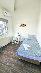 een slaapkamer met een bed en een bureau bij The Lemon Tree Hostel in Larnaka