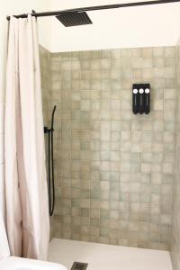 a bathroom with a shower with a shower curtain at Borgo del Canto in Borghetto dʼArroscia