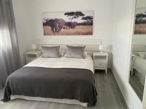 um quarto com uma cama com duas mesas de cabeceira e uma foto de elefantes em Casa Bagacera "Cera" em Ingenio