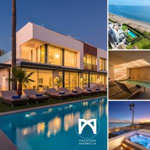 a collage of pictures of a house and a swimming pool at VACATION MARBELLA I Villa Imare Waterfront, Beachfront Villa, Rooftop Jacuzzi, Indoor Spa in Estepona