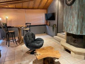 a living room with a chair and a fireplace at La longère citadine in Vesoul