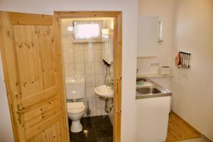 a small bathroom with a toilet and a sink at Großer Gartenbungalow Nr 3 mit Terrasse - Strandvogtei Sellin in Ostseebad Sellin +15 photos