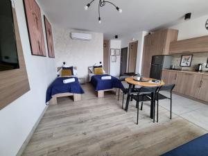 Kuchyň nebo kuchyňský kout v ubytování Q Apart AMBER - klimatyzowane STUDIO przy Manufakturze z garażem Gratis, FV
