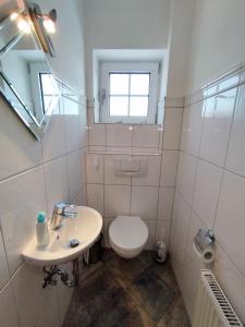 La salle de bains est pourvue de toilettes, d'un lavabo et d'une fenêtre. dans l'établissement Seepark Seepark 3G, à Heiligenhafen