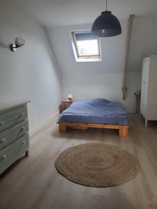ein Schlafzimmer mit einem Bett und einem Teppich auf dem Boden in der Unterkunft Maison au calme Plessala Le Mené in Saint-Udy