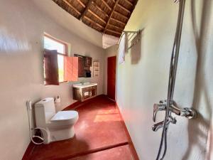 a bathroom with a toilet and a shower at Maasai Eco Boma & Lodge - Experience Maasai Culture in Makuyuni