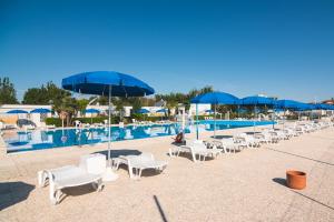 a row of chairs and umbrellas next to a swimming pool at Club del Sole Le Mimose Family Resort in Porto SantʼElpidio