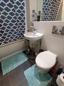 a bathroom with a toilet and a sink and a shower at Charming bedroom in a shared 2-Bedroom Flat in Southall, London (next to Ealing Hospital). in London