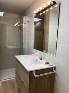 a bathroom with a sink and a mirror and a shower at Apartamento Plaza de las Flores in Murcia