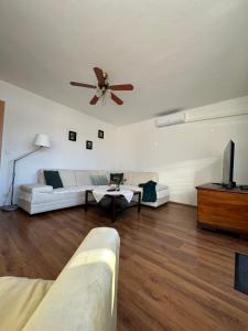 a living room with a couch and a ceiling fan at Vanessa Apartment in Ljubljana