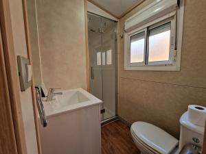 baño con lavabo y aseo y ventana en CAMPING RAMALES, en Ramales de la Victoria