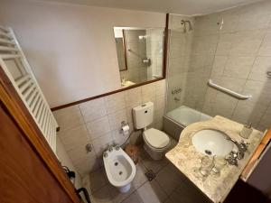 a bathroom with a sink and a toilet and a mirror at Las Marianas Hotel in San Carlos de Bariloche