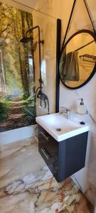 a bathroom with a sink and a mirror at Pensjonacik Ogrody in Pierzchno +125 photos