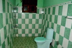 a bathroom with a toilet and green and white tiles at The Kings Villa in Wattala