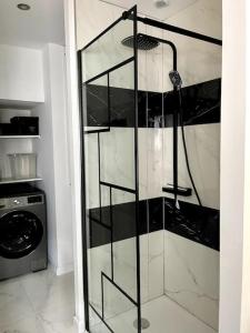 une douche en verre dans une salle de bain avec machine à laver dans l'établissement Escale Concarnoise, Confort et Centre ville à pied, à Concarneau 19 autres photos