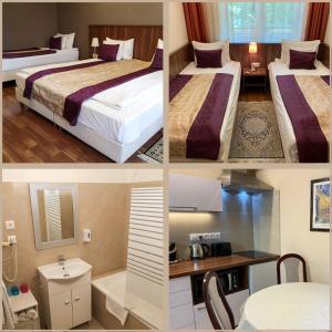 a collage of four pictures of a hotel room at Gold Apartments in Budapest
