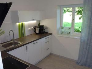 kuchnia z białymi szafkami, umywalką i oknem w obiekcie Apartment in Thuringia w mieście Rettenberg