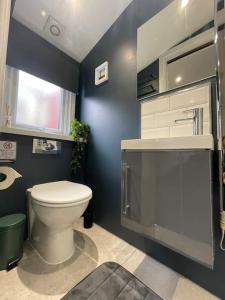 a bathroom with a toilet and a sink at Unique London Heathrow Airport cabin, gated free parking, and courtyard in New Bedfont