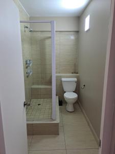 La salle de bains est pourvue de toilettes et d'une douche avec une porte en verre. dans l'établissement Unit 103 Tenbury, à Durban 26 autres photos