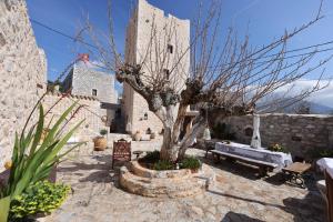 a stone building with a tree and a bench at LITHOS TRADITIONAL TOWER in Areopoli