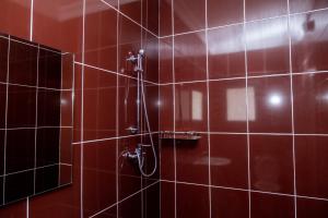 a bathroom with a shower with red tiled walls at Casa Chico Rosa in Luanda