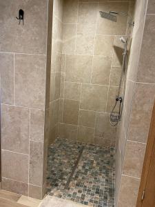 a bathroom with a shower with a black cat in it at La longère citadine in Vesoul +4 photos