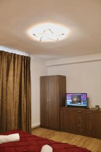 1 dormitorio con TV en el techo y armario en Eden Villa, en Brasov
