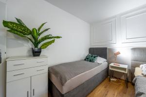 a bedroom with a bed and a plant on a dresser at Blizko Stanice Apartment Košice Center in Košice