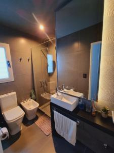 ein Badezimmer mit einem Waschbecken, einem WC und einem Spiegel in der Unterkunft Habitación Córdoba Capital centro cerca de todo in Cordoba