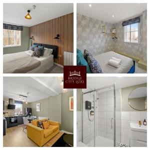 a collage of three pictures of a hotel room at BridgeCity Spectacular Morden 2 bedroom flat in Ashford Town Centre in Kent